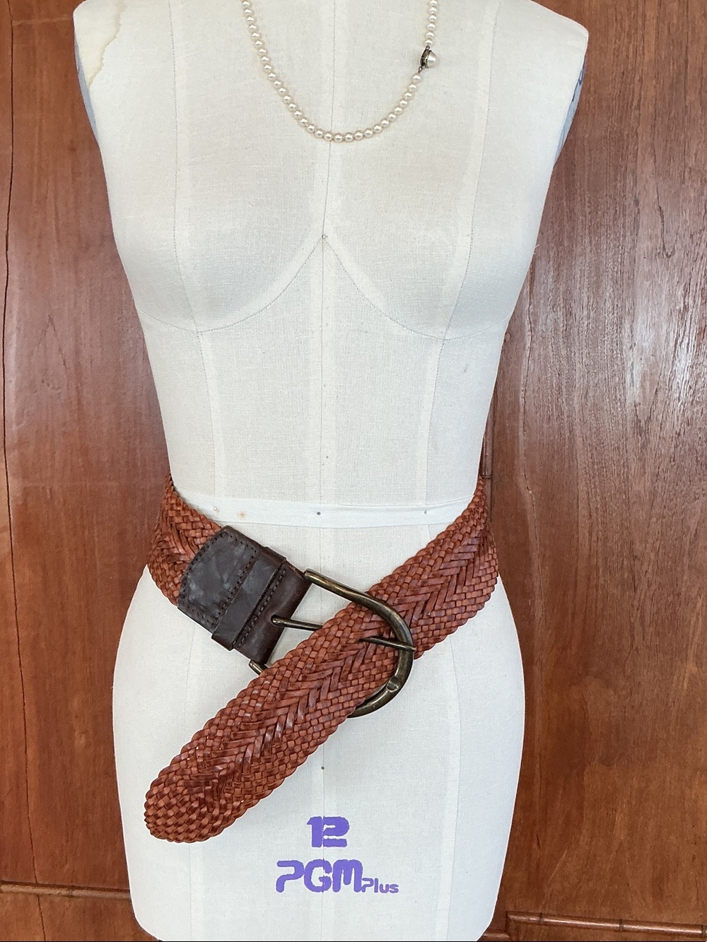 Woven Leather Waist Belt in Chestnut Brown with Antique Brass Buckle